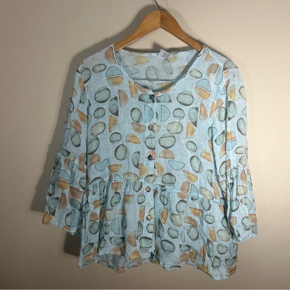 Click Color Me Cotton Linen Peplum Button Front Abstract Sage Green Blouse Large - Picture 2 of 9